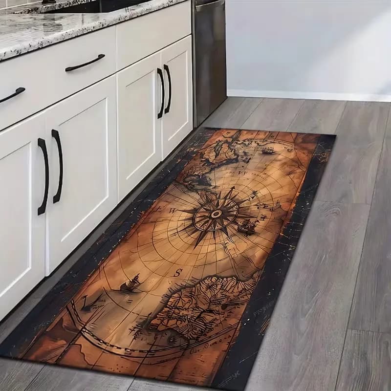 Tappeto Runner Vintage con Mappa Nautica, Tappeto Retro con Bussola e Mappa del Mondo per Soggiorno e Cucina, Antiscivolo