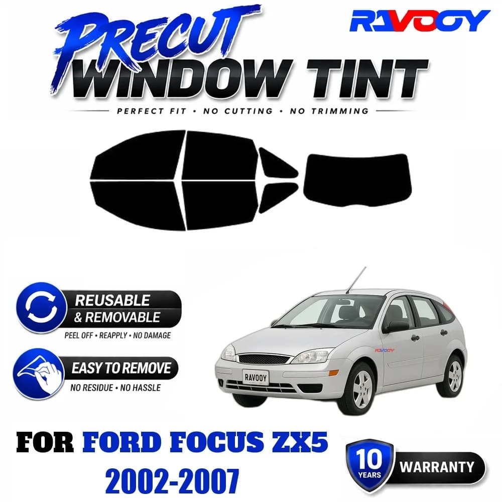 RAVOOY Precut Window Tint, Reusable Removable EPU Film, Custom Fit for Ford Focus ZX5 2002-2007, UV Heat Protection
