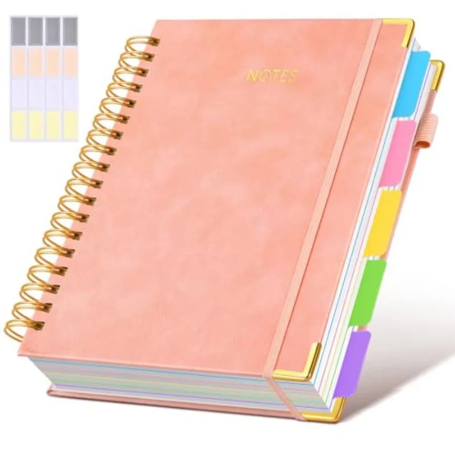 Hardcover Spiral Notebook Journal with Removable Dividers Tabs, 300 Pages Leather 5 Subject Notebook College Ruled, 8"x10" Larg