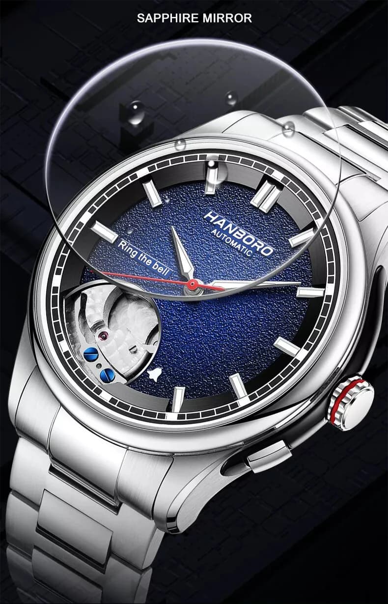 HANBORO Men Automatic Watch Alarm Mechanical Wristwatch 5ATM Sapphire Luminous Skeleton Gradient Dial Ring The Bell