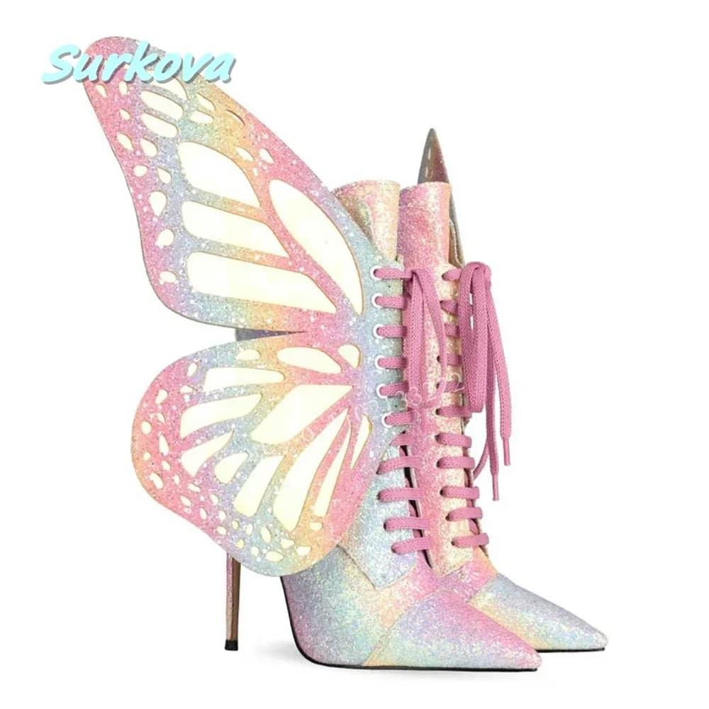 Stivali a spillo colorati con ali di farfalla Stivaletti stile street con punta a punta e tacchi alti sottili Scarpe da donna stringate tutte abbinate