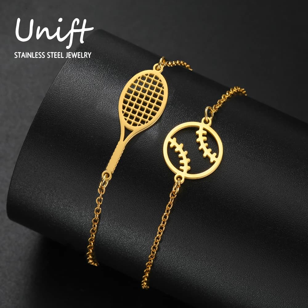 Unift Tennis Racket Bracelet for Women Fashionable Geometric Jewelry Stainless Steel With Tennis Ball Pendants Gift for Wholesale Sports Team