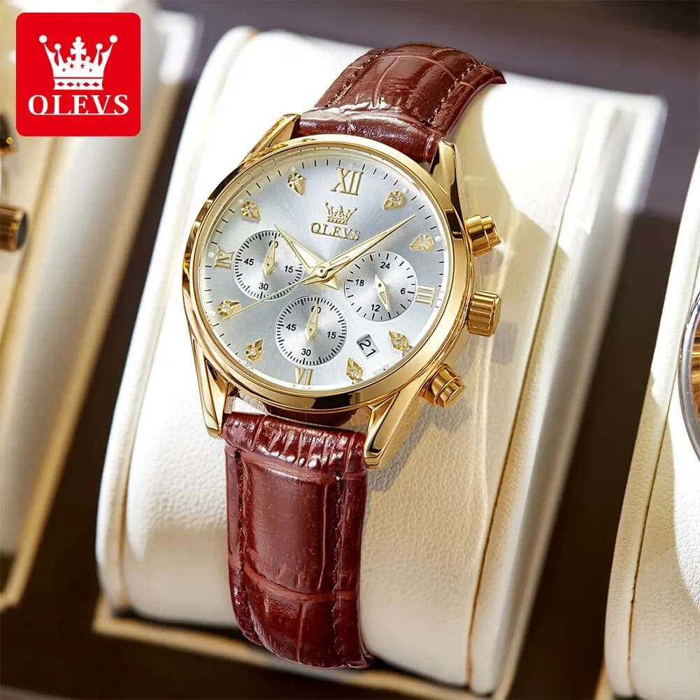 OLEVS 5523 Orologi da donna Cinturino in pelle Cronografo luminoso impermeabile Orologio da polso da donna elegante Orologio al quarzo di lusso per donna
