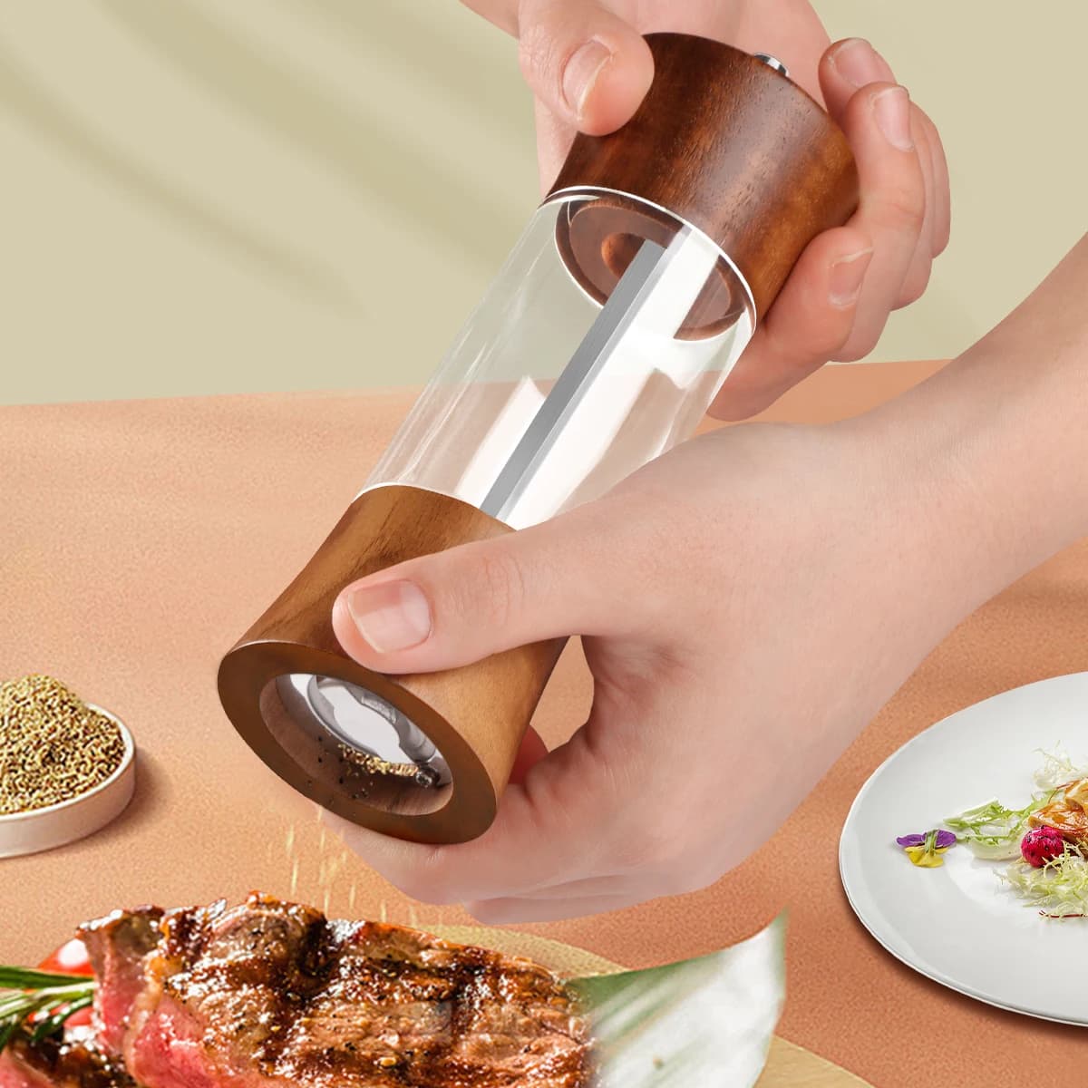 Set Macinapepe Regolabile, Macinino Manuale in Legno e Acrilico per Pepe Fresco, Sale Marino e Spezie - Essenziale per Cucina e Sala da Pranzo