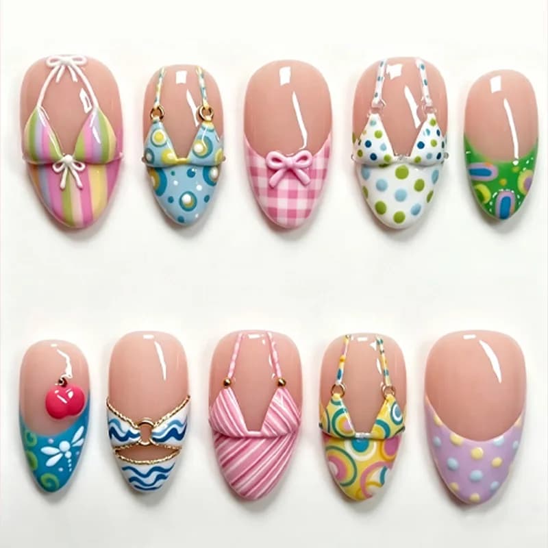 24pcs Bikini Swimsuit Press On Nails Cute Plaid Polka Dot Cherry Bow Design Fake Nail Short Oval False Nail for Women&Girl