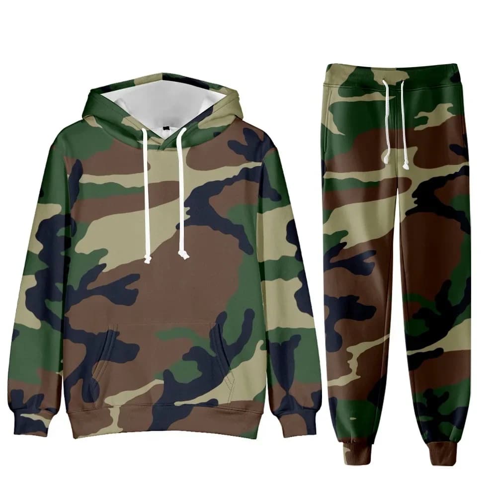 Set di felpe con cappuccio da uomo mimetiche Set di tute con stampa 3D Felpa con cappuccio da uomo + pantaloni Set da 2 pezzi Abbigliamento sportivo da uomo casual oversize da esterno