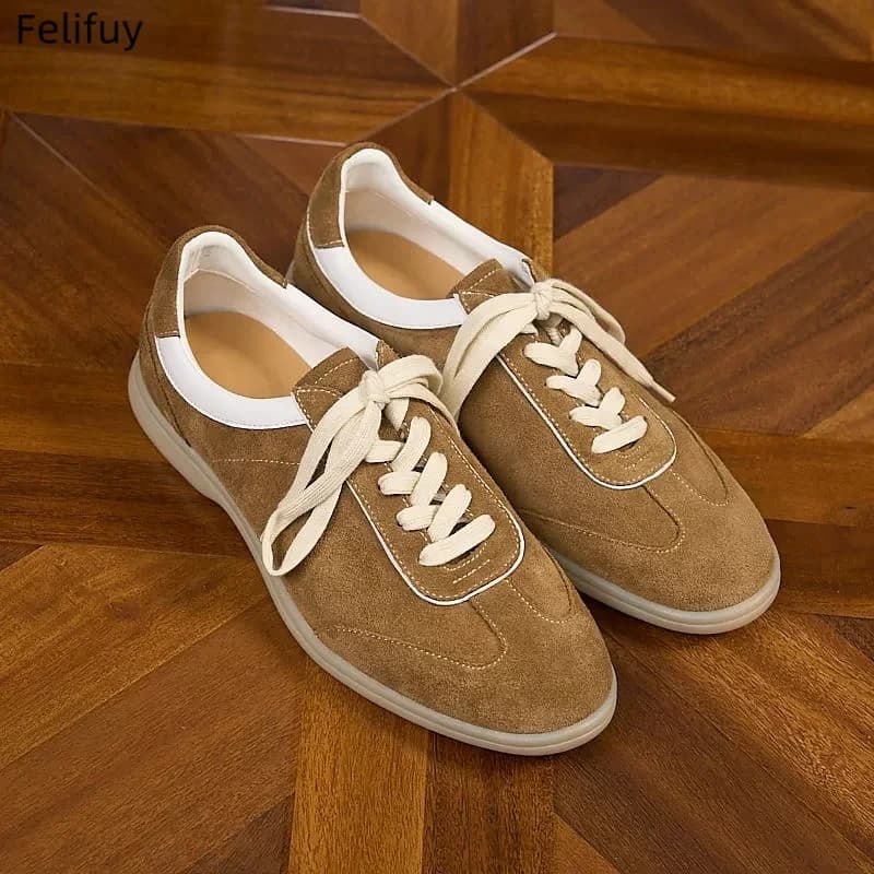 Scarpe mocassini piatte in vera pelle marrone scamosciata da uomo, scarpe traspiranti con lacci per il tempo libero, scarpe casual autunnali, comode per le vacanze