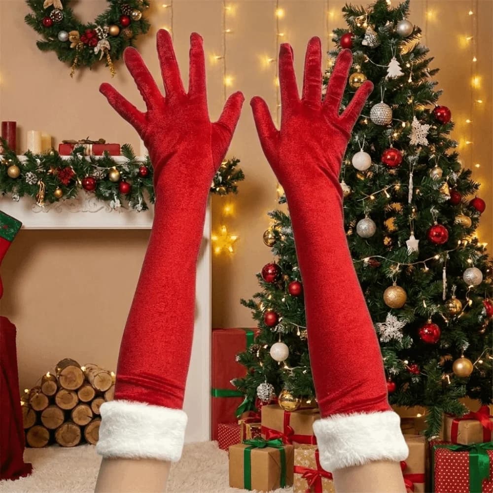 Retro Christmas Gloves Elastic Warm Velvet Long Gloves Photography Props White Furry Cuff Etiquette Mittens Cosplay