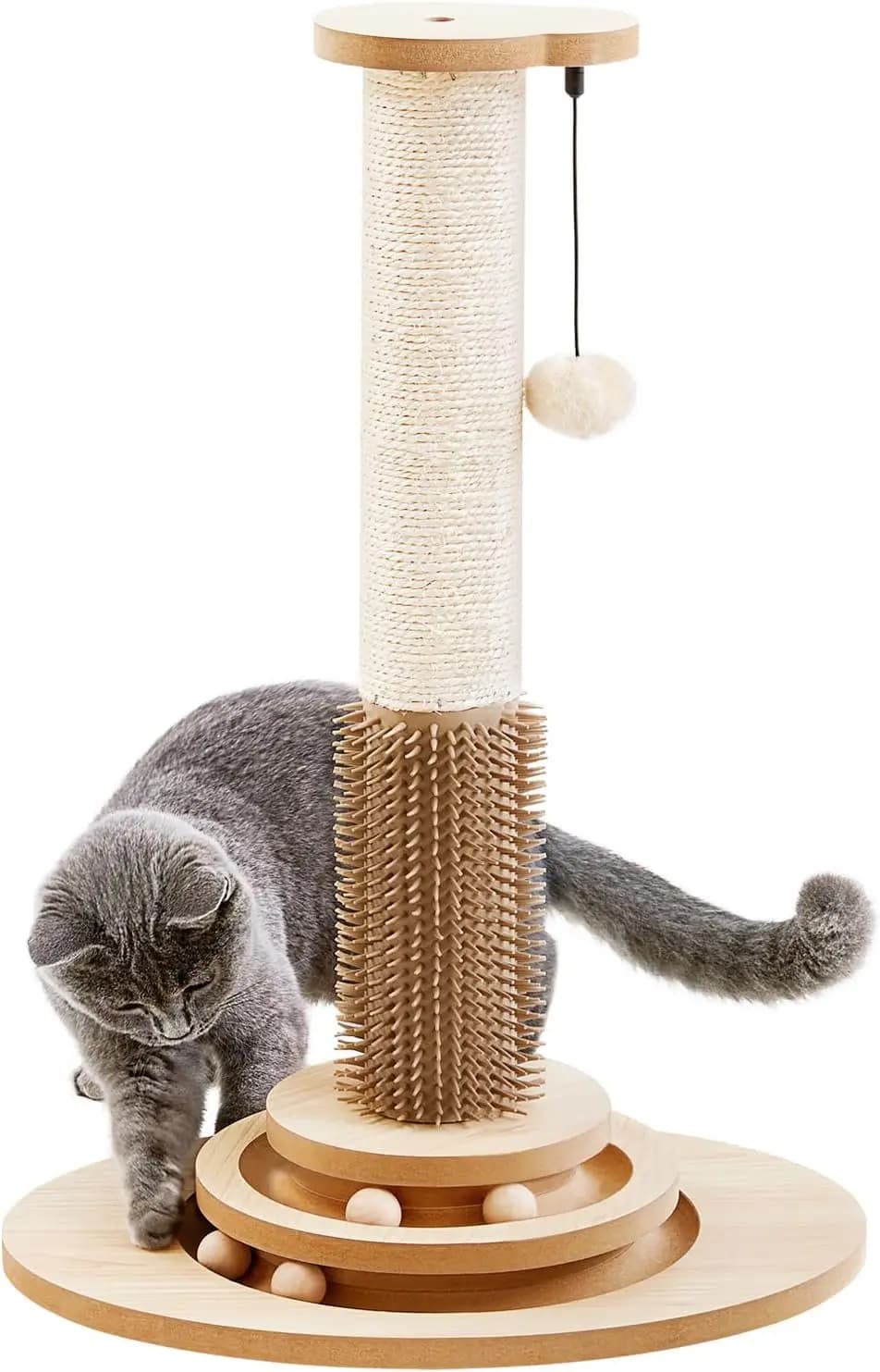 Tiragraffi per Gatti in Sisal Alto 23 Pollici, Giocattoli Interattivi 4-in-1 con Trackball e Palline di Peluche Pendenti per Divertimento Verticale