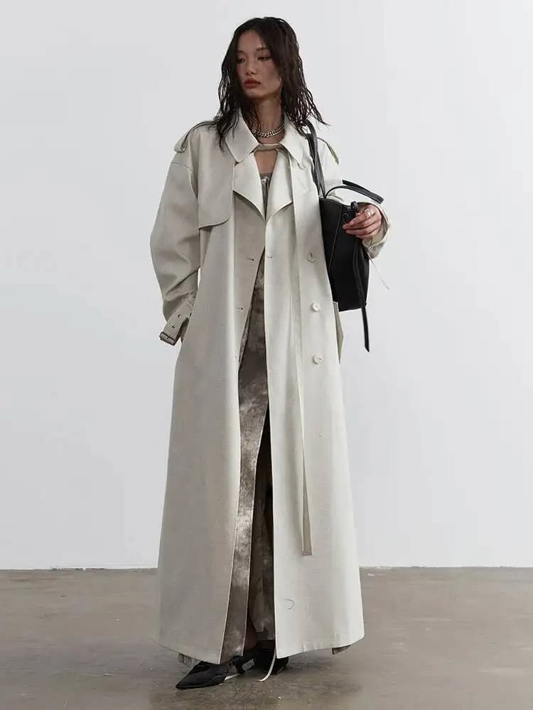 Trench Casual Lungo Beige Taglie Forti da Donna con Risvolto e Maniche Lunghe, Antivento, Moda Primavera Autunno 2026 1DH9AW