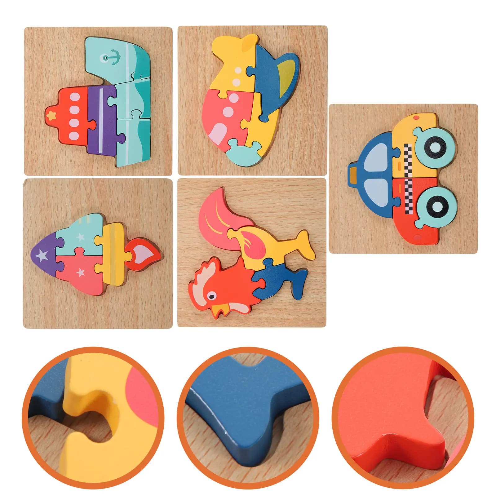 Set di 5 Puzzle in Legno per Bambini, Gioco Educativo con Cubi, Cartoni Animati, Apprendimento Precoce di Animali e Mezzi di Trasporto