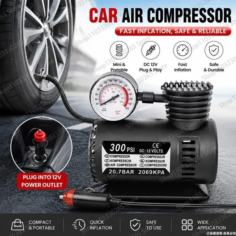 Portable 12V Car Air Compressor, 300 PSI Mini Tire Inflator Pump with Pressure Gauge for Auto, Bikes, and Sports Balls