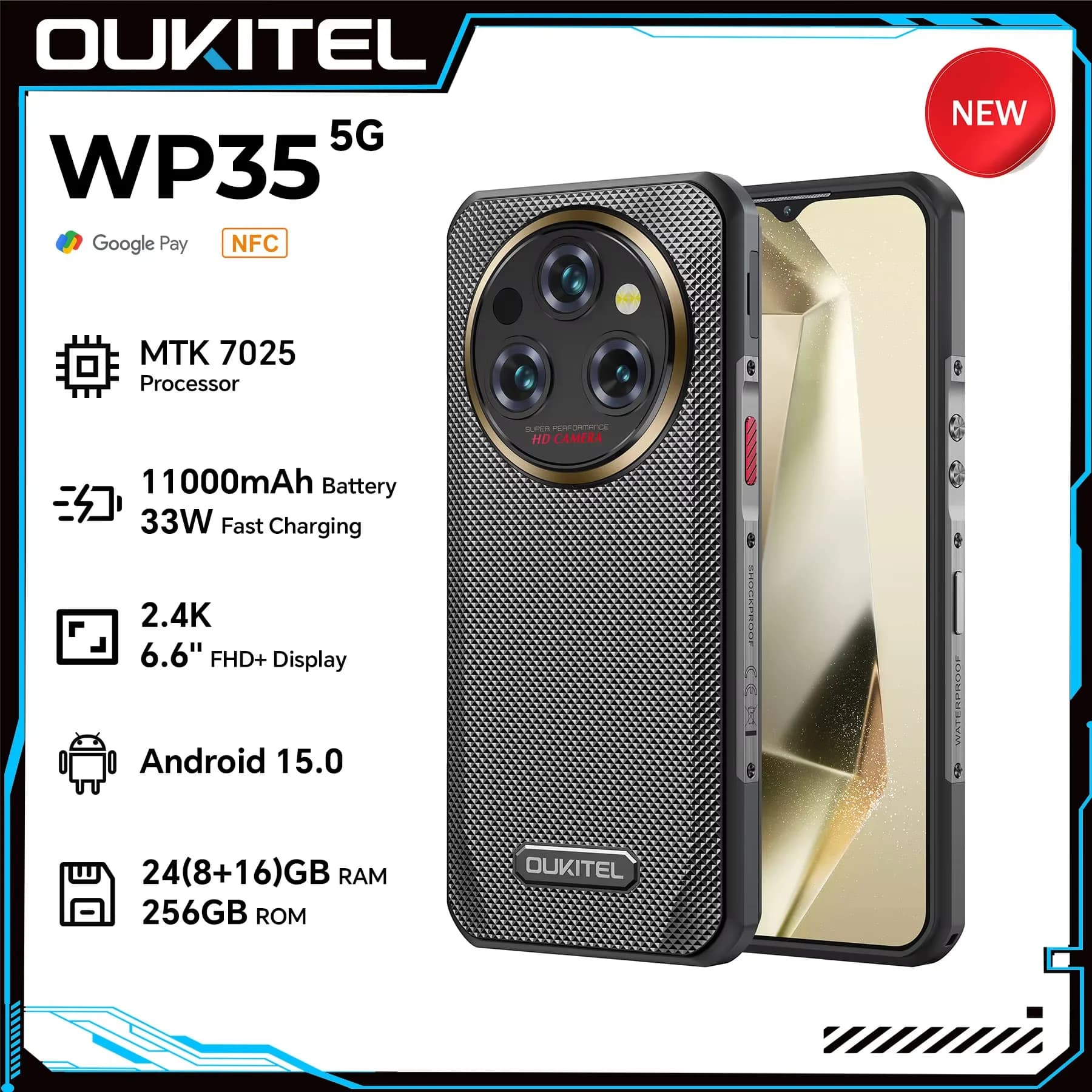 Telefono robusto Oukitel WP35 MTK 7025, 5G, 11000mAh, 6,6" FHD+, 24GB + 256GB, 108MP, NFC Android 15 Smartphone