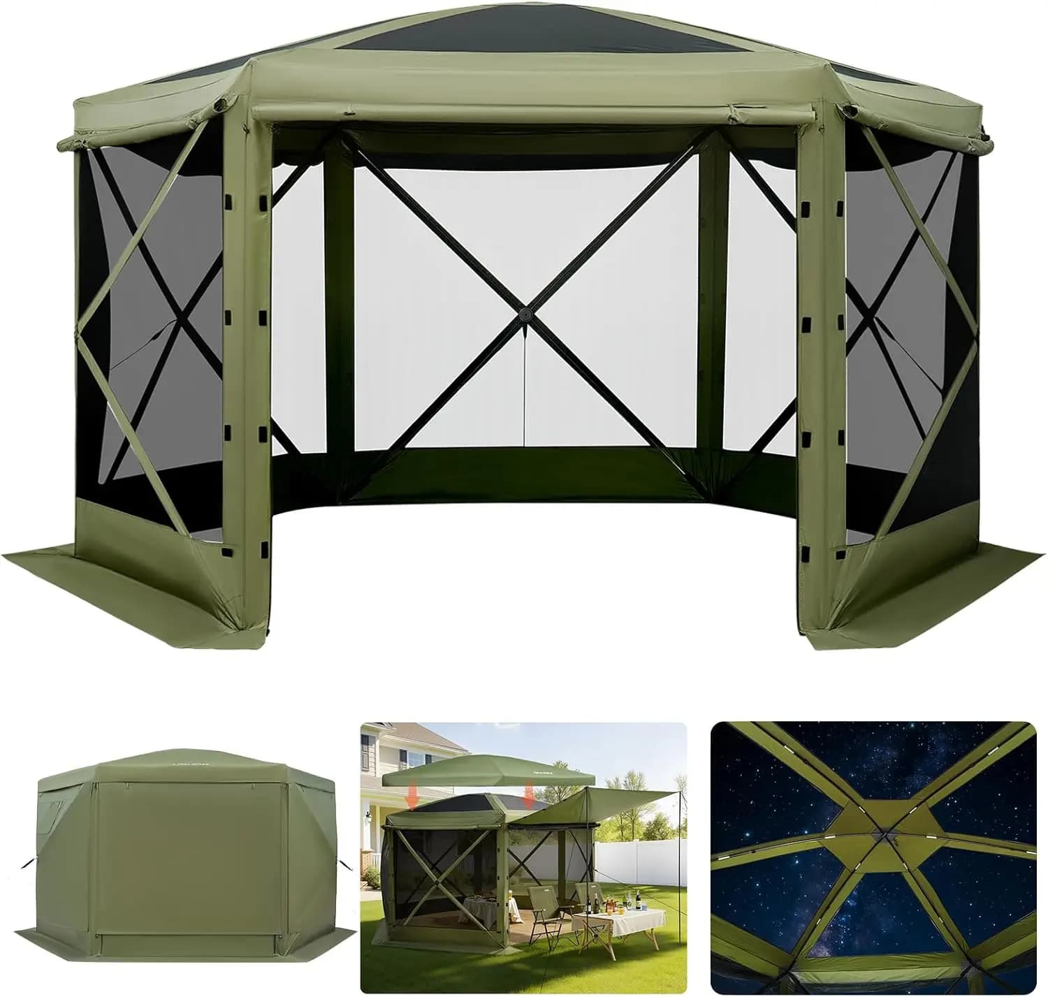 Gazebo Pop-Up con Zanzariera, Tenda da Campeggio a 6 Lati 3x3 m con Tetto Rimovibile e Borsa per il Trasporto, Riparo Solare a Montaggio Rapido