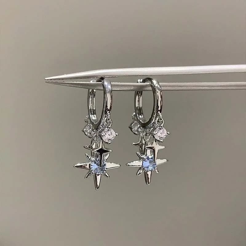 New Y2K Blue Zircon Star Tassel Pendant Earrings For Women Men Silver Color Ear Buckle Jewelry Gift Accessories Wholesale Sales