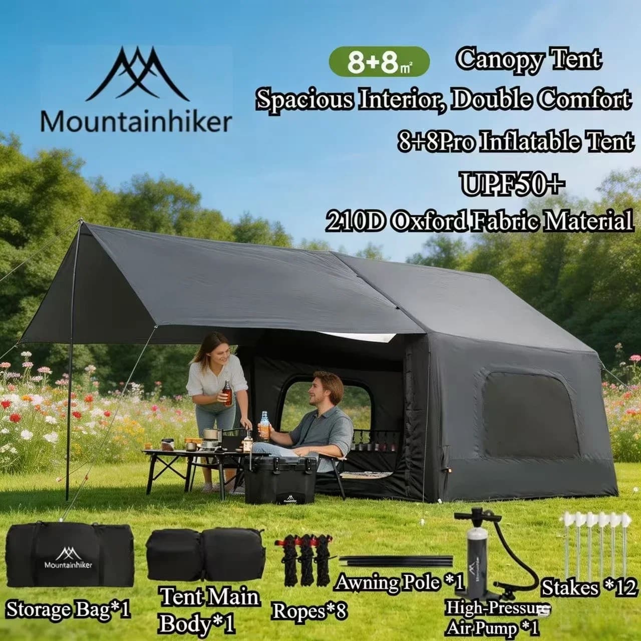 MOUNTAINHIKER Tenda Gonfiabile 8+8m² per Campeggio 4-6 Persone, Impermeabile, Tenda da Spiaggia per Famiglie, Apertura Rapida, per Pesca, Picnic e Parco
