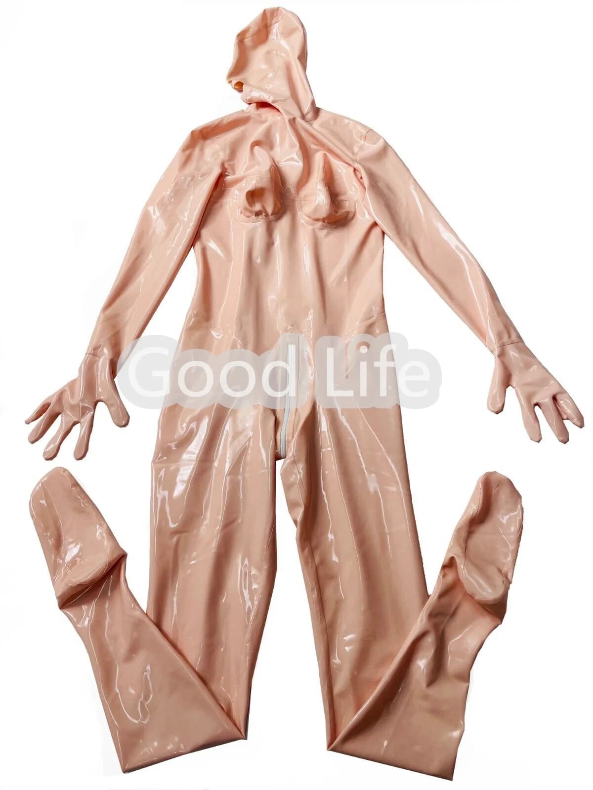 Catsuit in lattice color pelle fatto a mano con copertura completa Cappuccio attaccato al seno 3D Body in gomma fetish Guanti e calzini attaccati Vestito in lattice