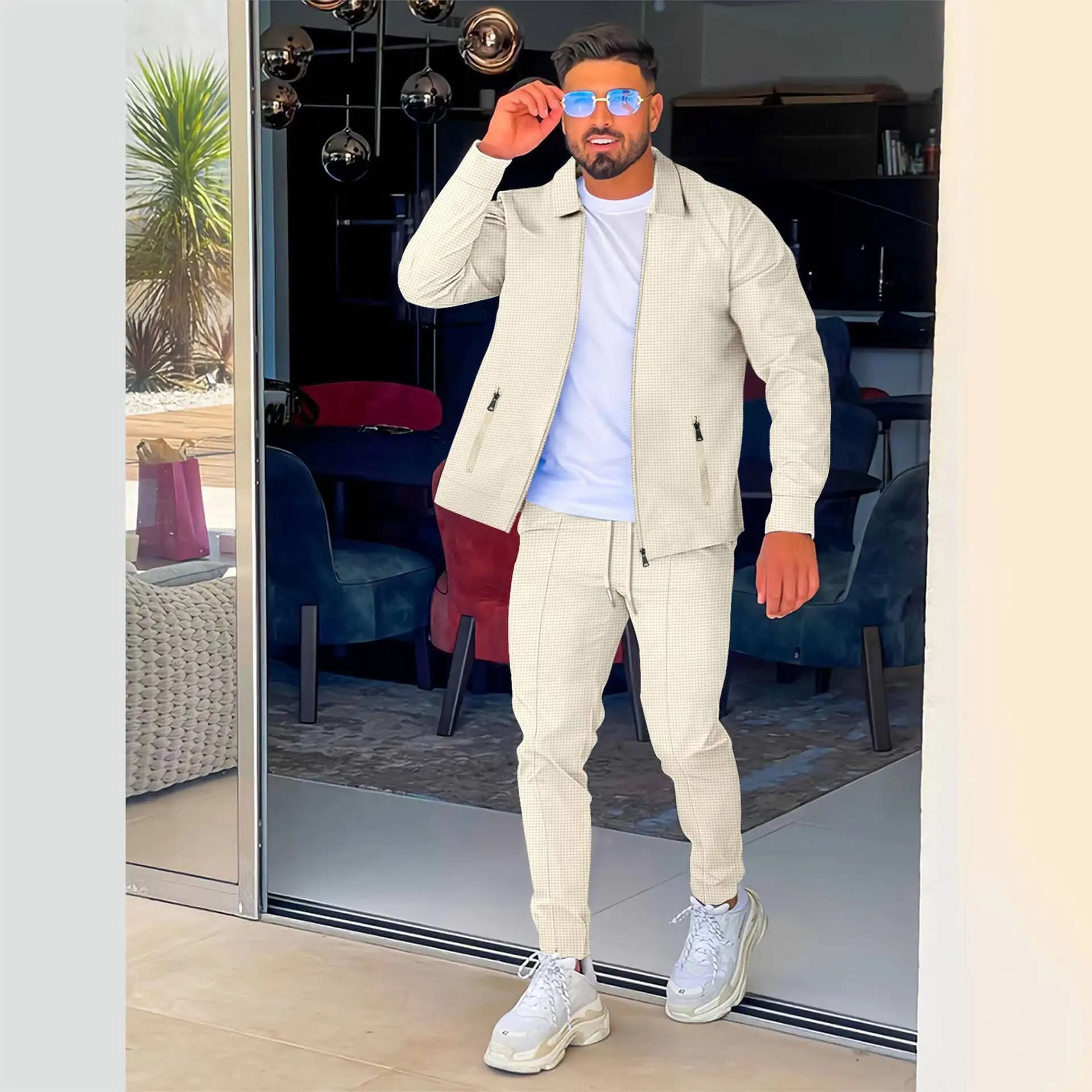 New Wish Set di giacca e pantaloni a quadri alla moda casual da uomo, manica lunga, abbigliamento autunnale, stile comodo e versatile per il tempo libero