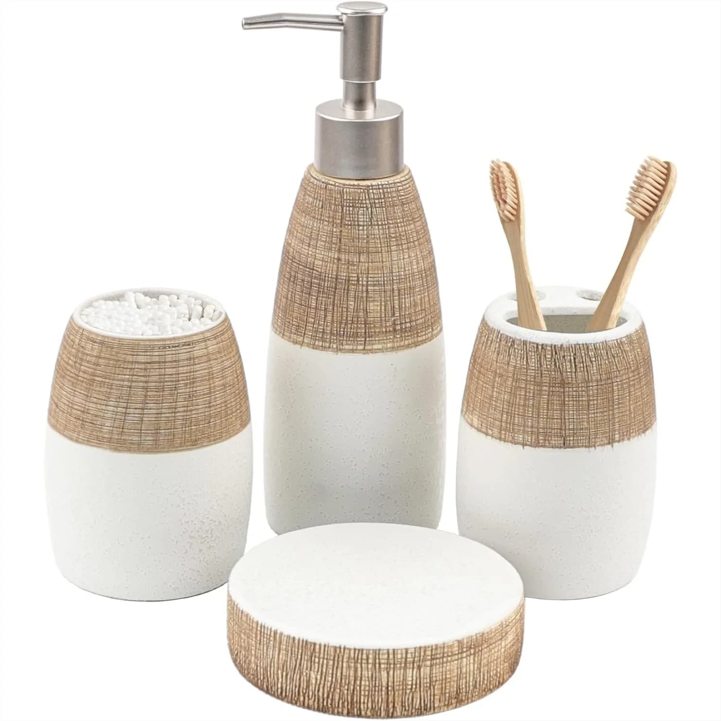 Set di Accessori per Bagno in Ceramica 4 Pezzi, Portaspazzolino, Portasapone per Arredo Bagno, Regalo di Inaugurazione Casa Marrone e Bianco