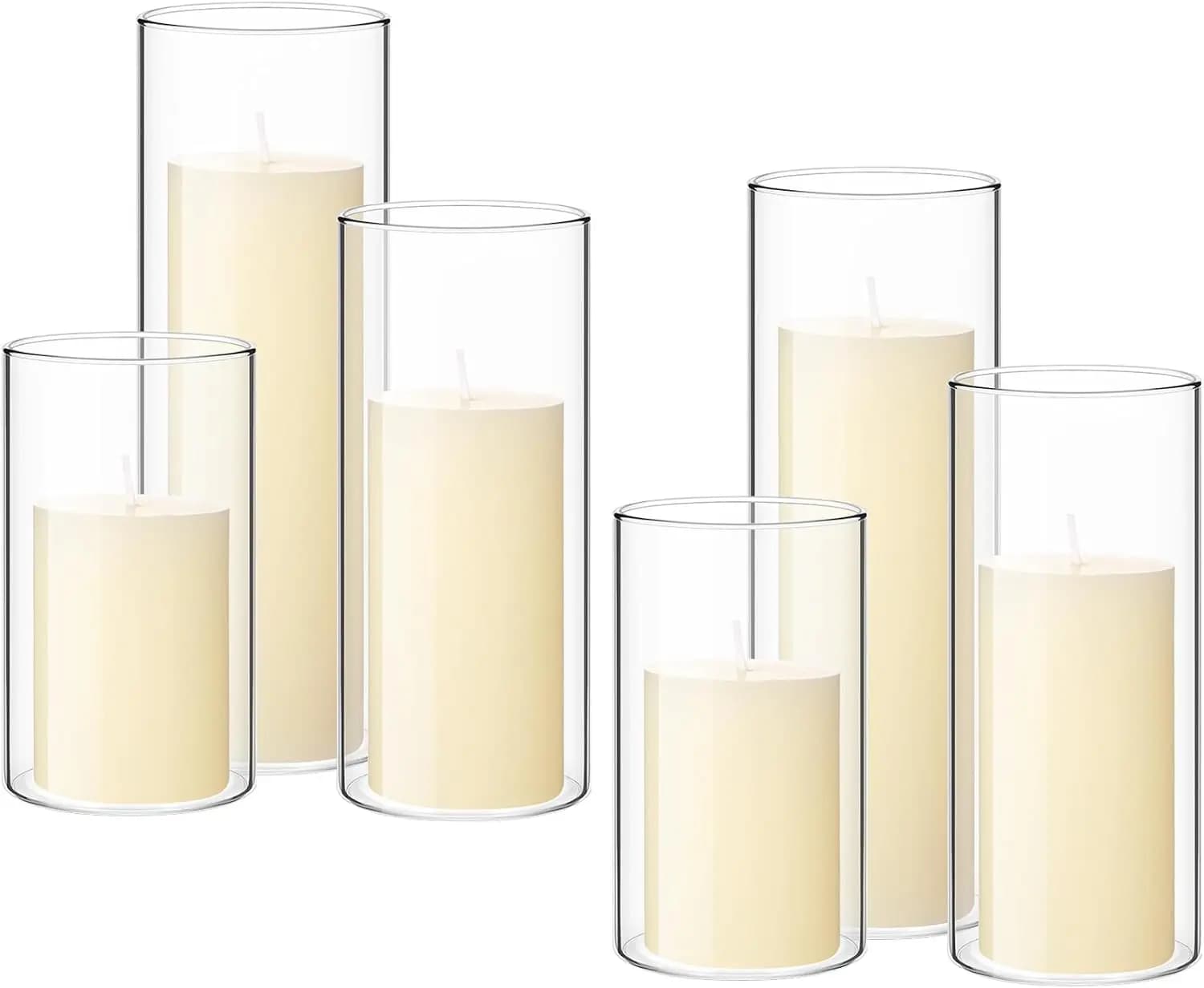 Set di 6 Vasi Cilindrici in Vetro con Candele a Colonna Avorio per Centrotavola Matrimoniali (2.6'' X 4.7'', 5.9'', 7.9'')