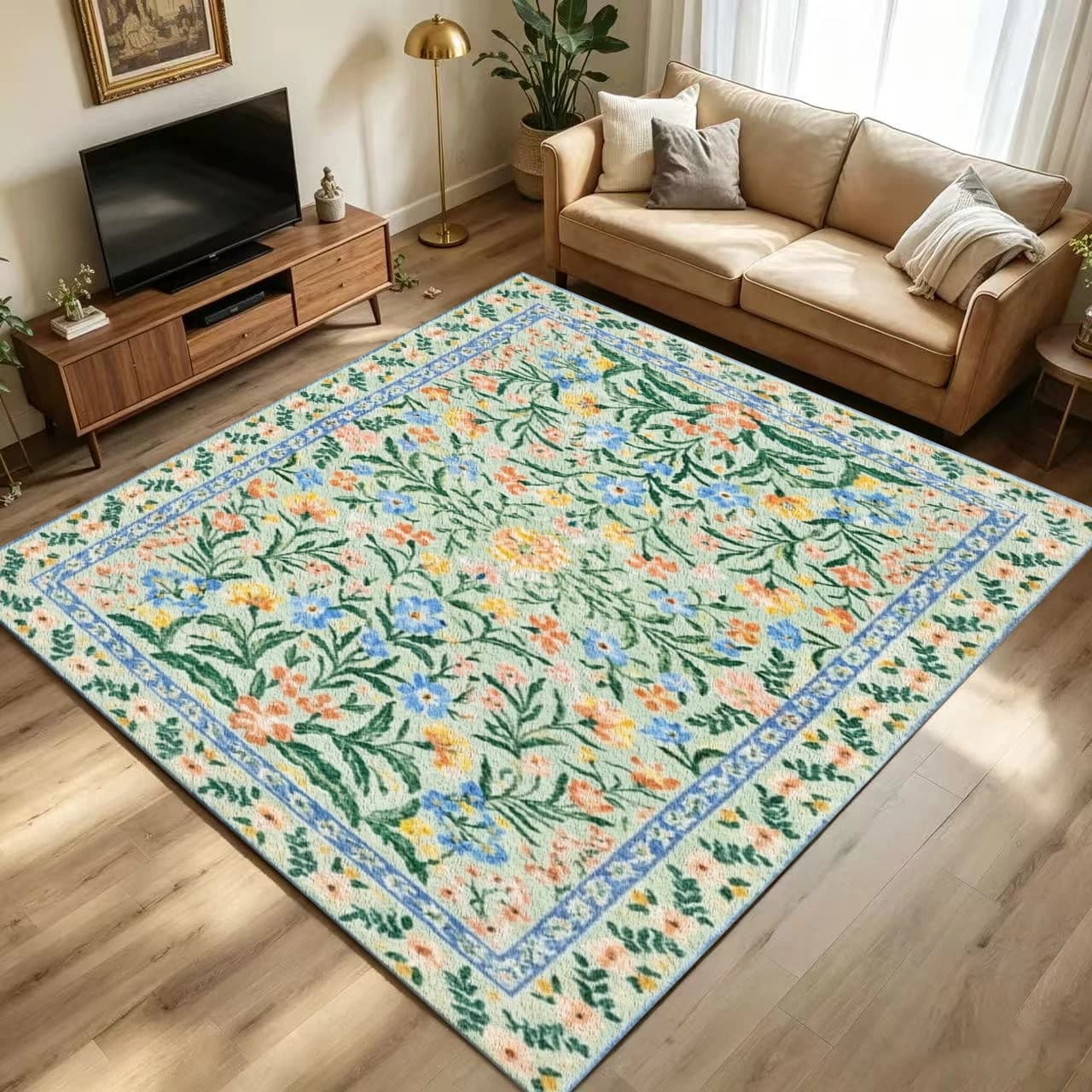 Light Green Pastel Wildflower Floral Area Rug Non Slip Washable Cottage Style Living Room Carpet