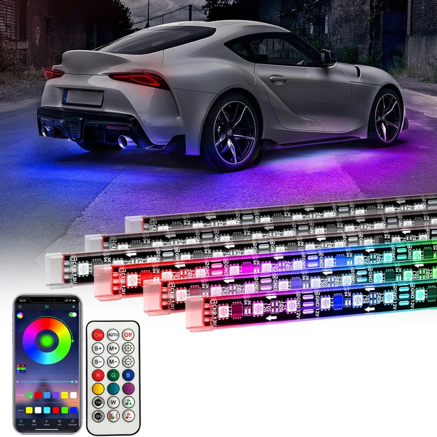 Striscia luminosa sottosmalto per auto flessibile RGB 12V Luce ambientale sottoscocca a LED con lampade per atmosfera decorativa automatica al neon con controllo app
