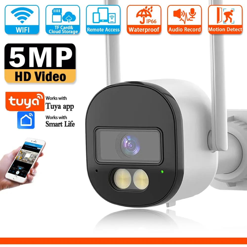 5MP TUYA Smart Life Wifi Telecamera di sicurezza wireless esterna CCTV Impermeabile Visione notturna a colori Telecamera audio bidirezionale Baby Monitor