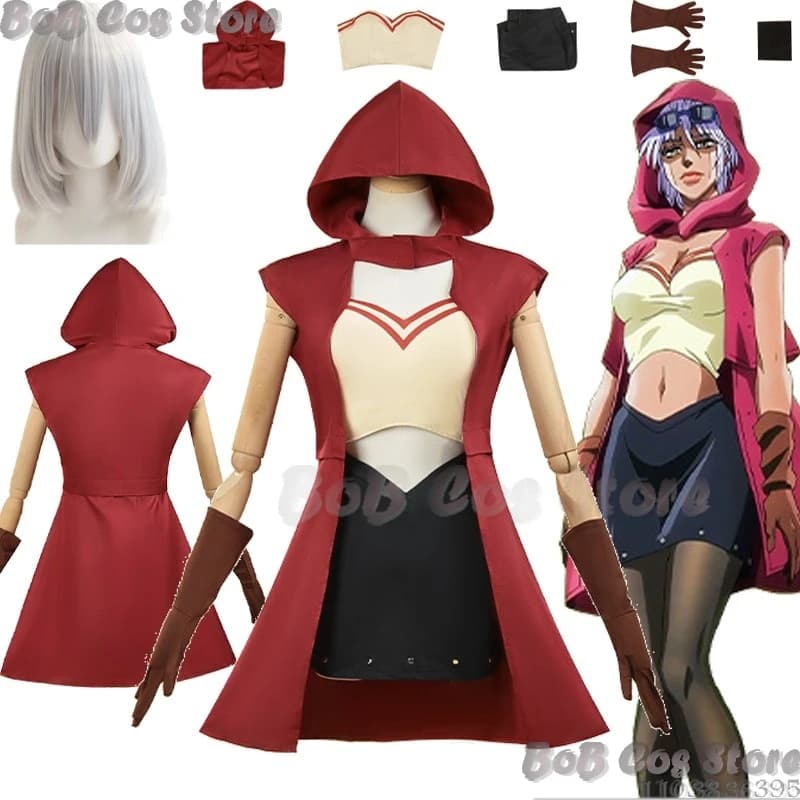 Mariah Anime J0 Costume Cosplay Mantello rosso Abito sexy Bianco Argento Parrucca corta Prop Vestito operato Abiti da festa di Halloween Set completo Cos