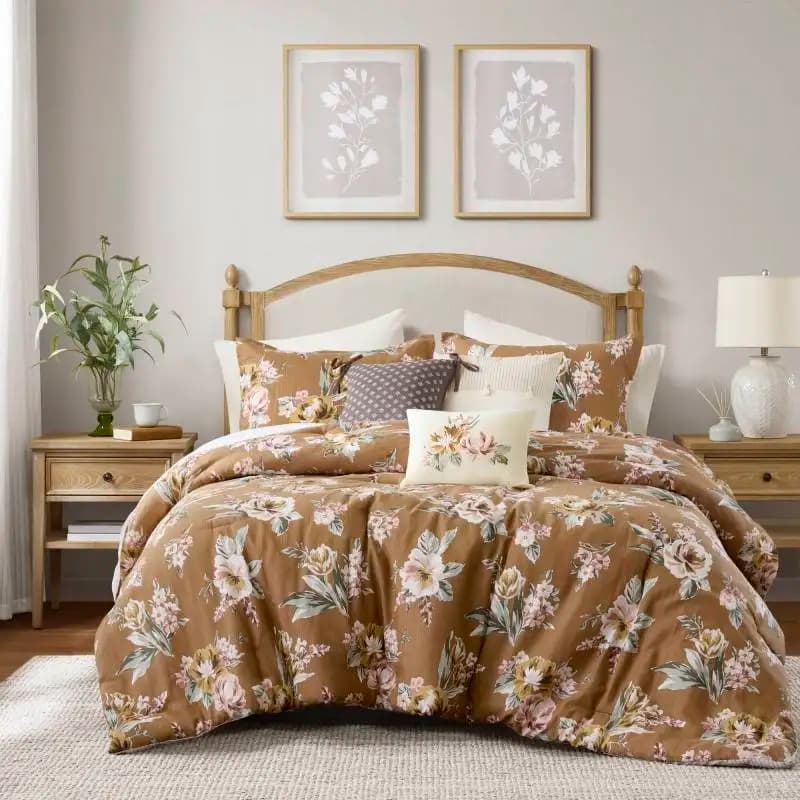 7-Piece Cal King Vin Floral Comforter Set, Terracotta