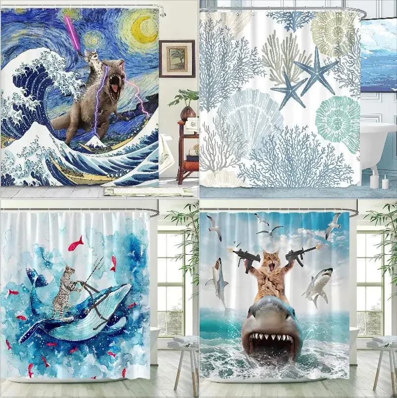 Tenda da doccia, tenda da bagno divertente con gatto e onde oceaniche, impermeabile in poliestere con ganci, tenda da bagno decorativa creativa per il bagno