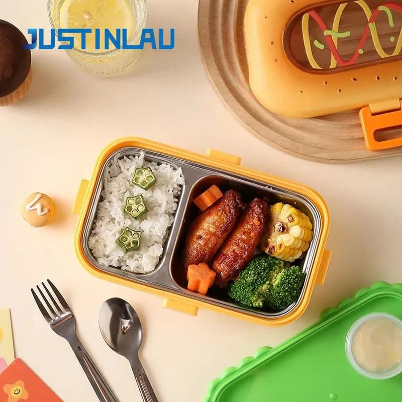 JUSTINLOU 2-grid Student Lunch Box PP Hot Dog Shaped Bento Box with Fork Spoon Food Preservation Box Suitable for Picnics