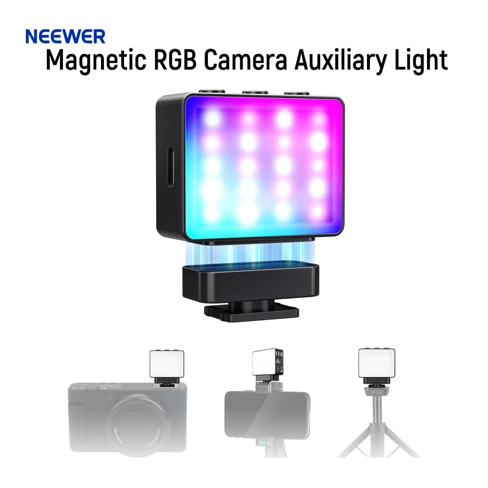 NEEWER Basics Luce ausiliaria per fotocamera RGB magnetica, piccola scarpa fredda in plastica da 1,5 W Pannello LED Video Foto Illuminazione di riempimento