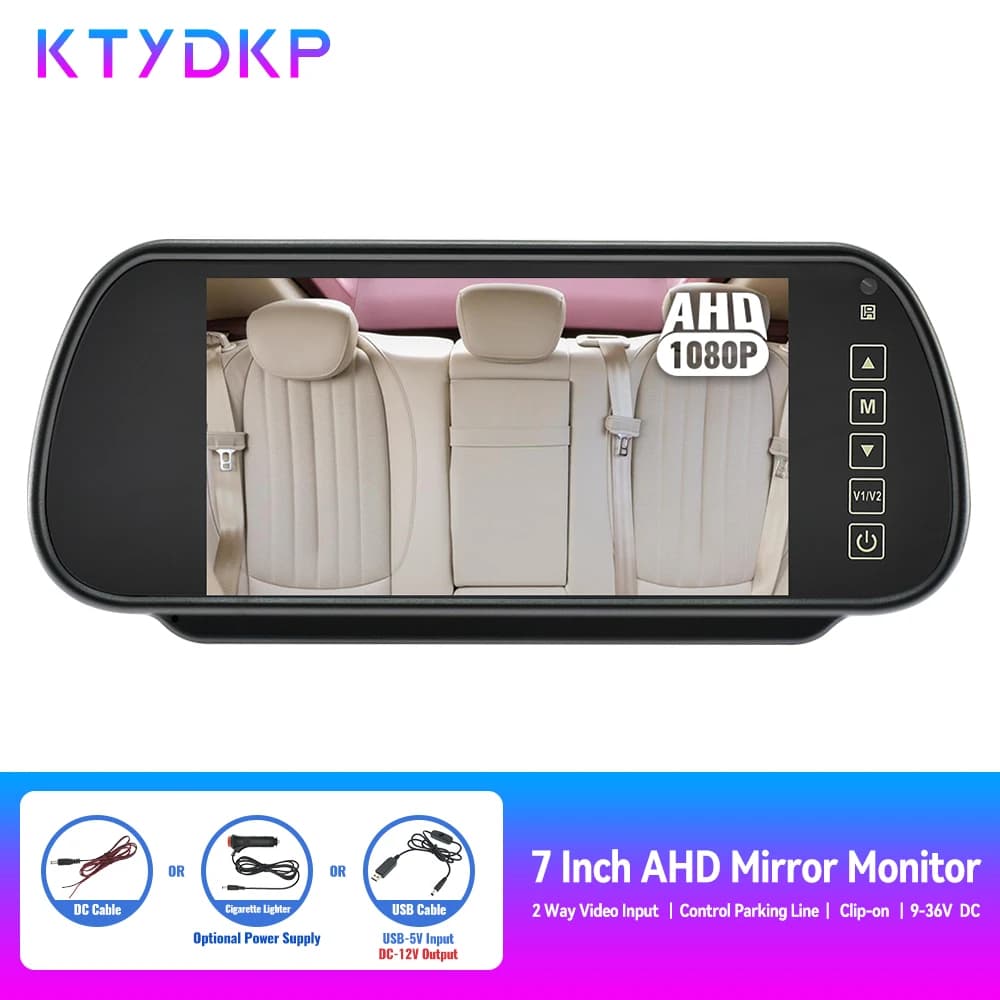 Monitor per Auto KTYDKP da 7 Pollici, Schermo LCD TFT AHD per Specchietto Retrovisore, Universale per Parcheggio e Retromarcia
