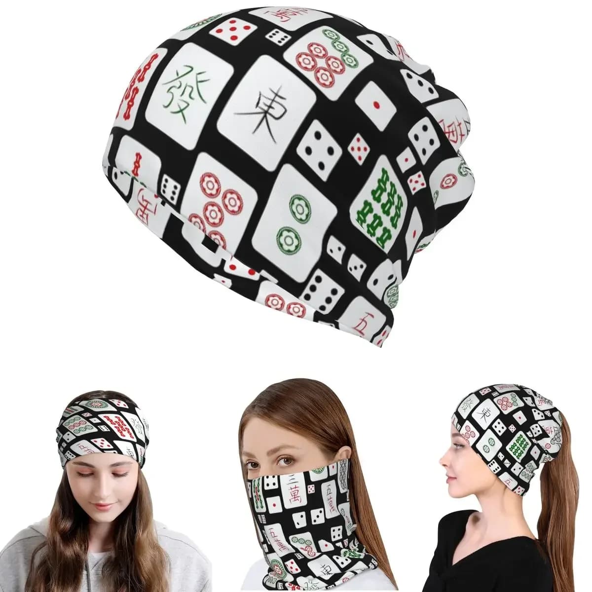 Mahjong Tiles Game Dice Bandana Neck Cover Magic Scarf Multi-use Headwear Beanies Hat for Men Women Adult Winter