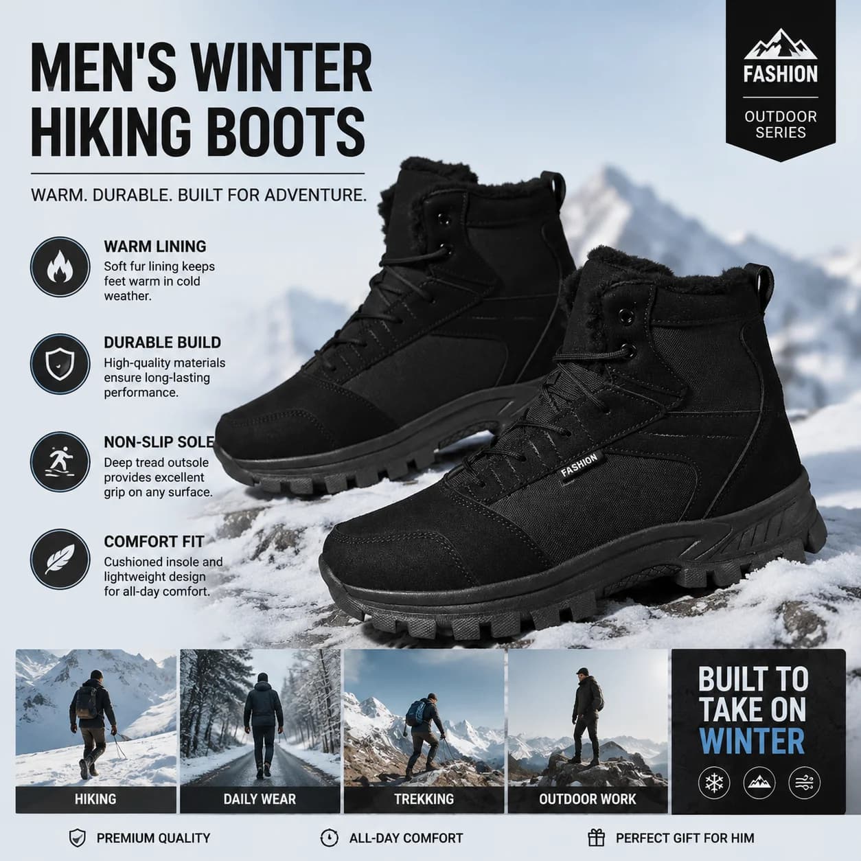 Men's Winter Outdoor Warm Boots, High-Top Sports Shoes, Hiking Shoes, Cold-Proof Snow Boots, Plus Size Fleece-Lined Men's Shoes