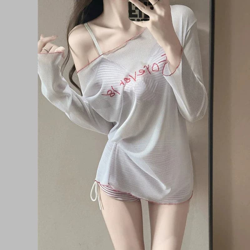Women Summer Striped Bikini Long Sleeve Sun Protection Cover Up Small Chest Gathered Swimsuit Beach Vacation Pool Bathing Suit