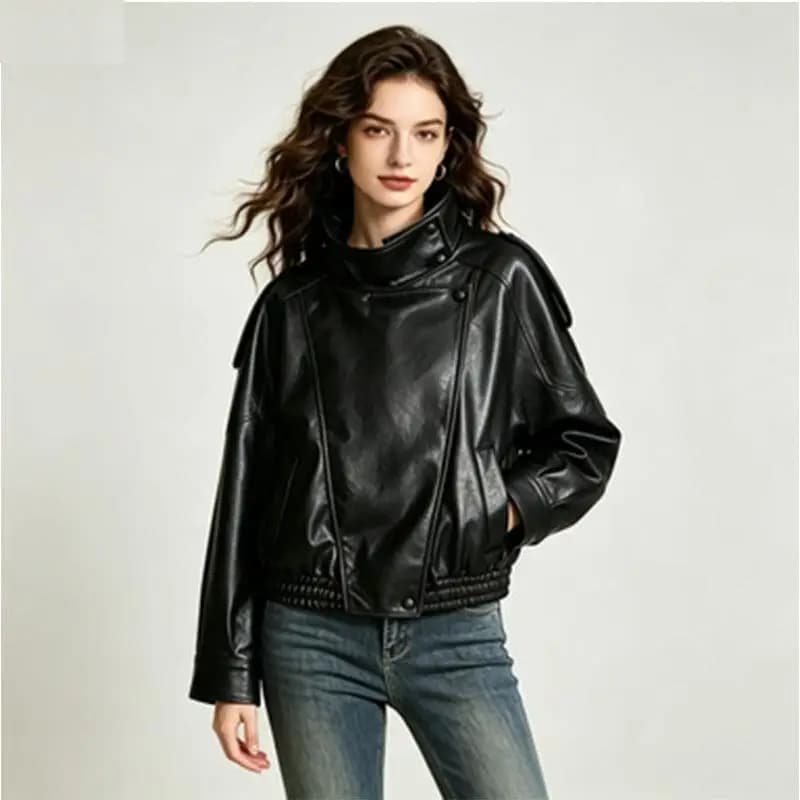 2026 Style Thin Jacket Retro Motorcycle Skin Coat Women's Collar Coat Long Sleeve No Brand Pure Color Spring Autumn Outerwear