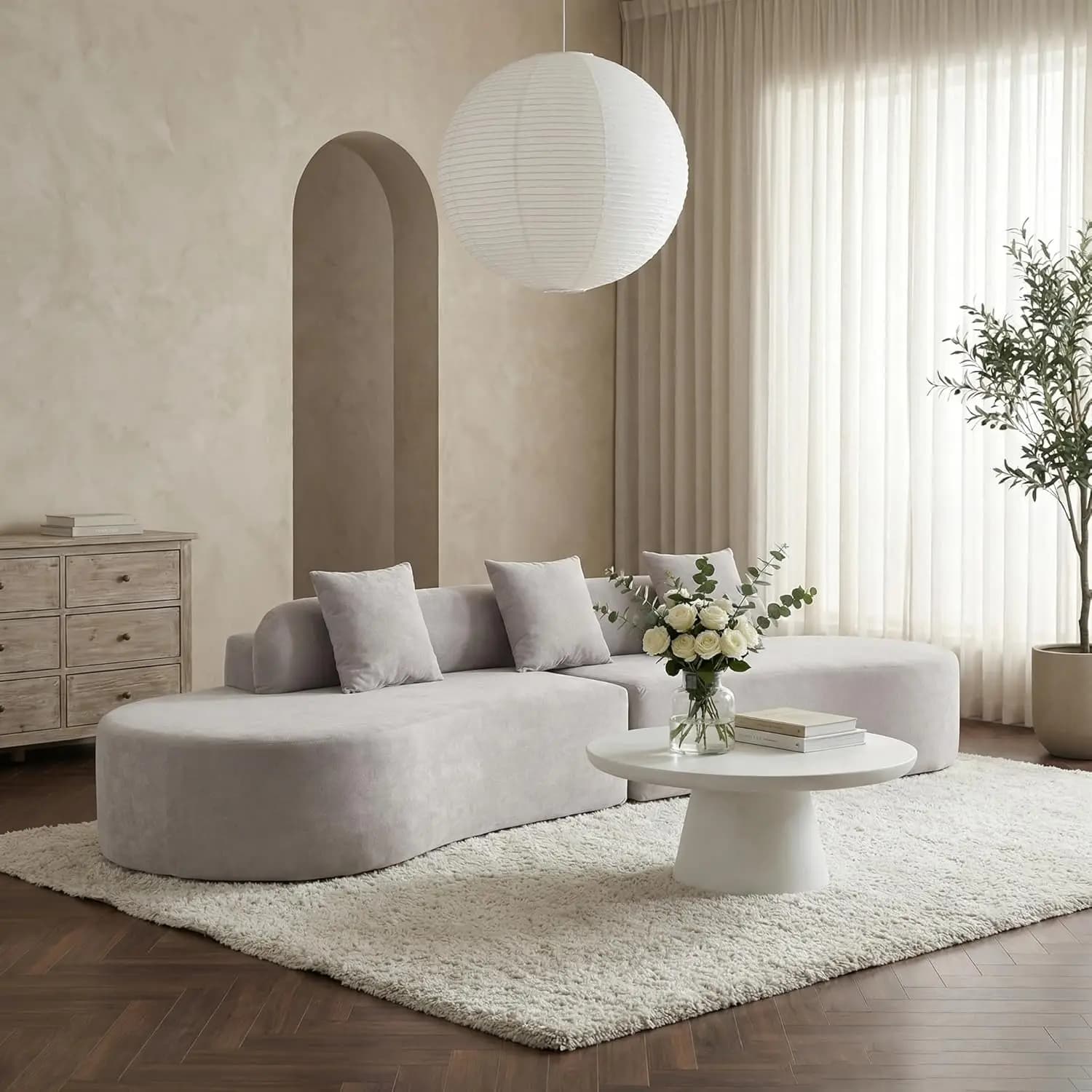 Divano Sezionale Curvo da 130 Pollici, Design Nuvola Morbida, 3 Cuscini, per Soggiorno e Ufficio, Grigio Chiaro, Oversize, Modulare, Personalizzabile