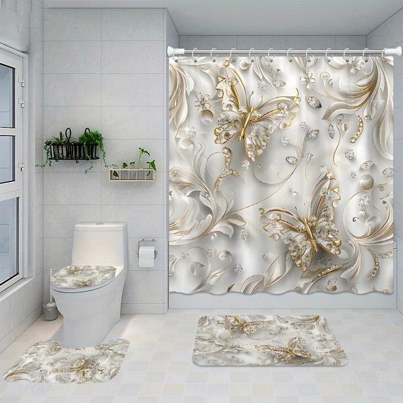 Set di tende da doccia eleganti a farfalla da 4 pezzi con 12 ganci, tessuto in poliestere impermeabile, tappetino da bagno lavabile, tappeto antiscivolo, F
