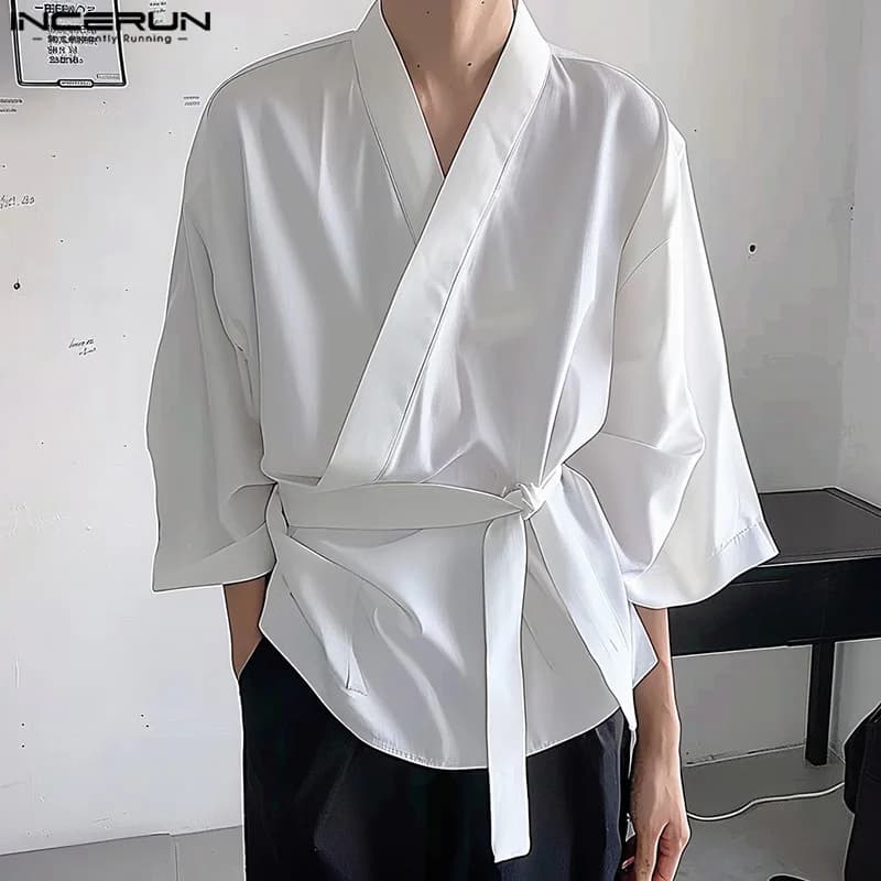 INCERUN top 2024 stile coreano uomo diagonale anteriore con scollo a v cravatta Design camicie Casual semplice maschio a maniche lunghe Cardigan camicetta S-5XL