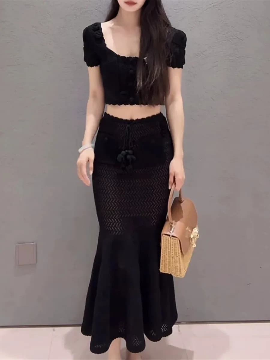 High-End Version European Style Summer Black Hollow out Hook Flower Short Sleeve Knitted Top Fish Tail Skirt Set Women