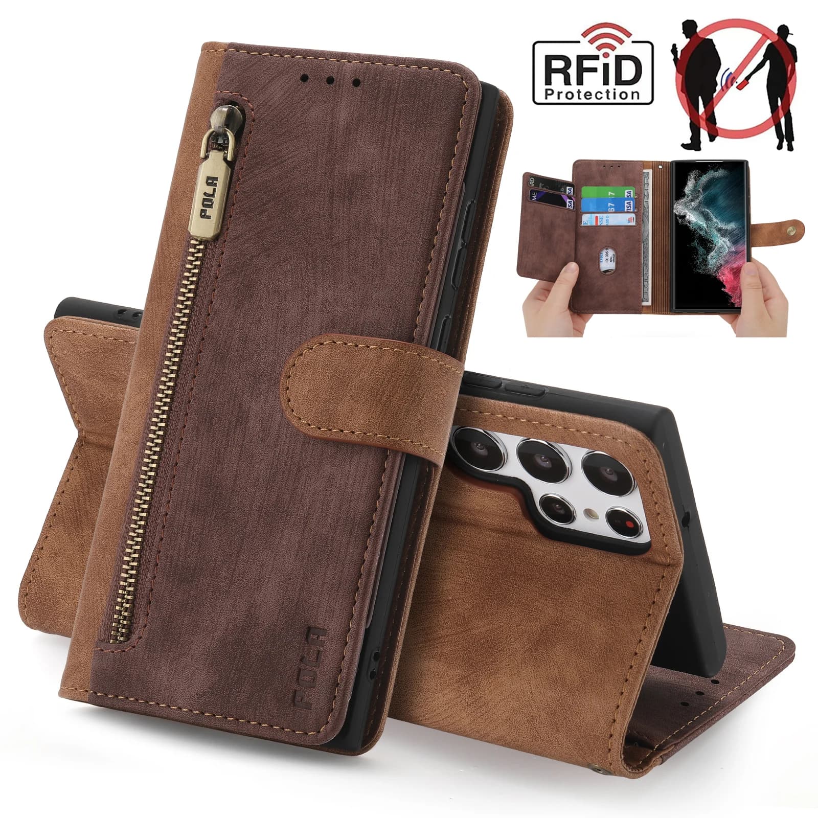 Custodia a portafoglio in pelle con cerniera RFID per Samsung S22 Ultra S21 FE S20 Plus A53 A73 A21S S10 A52 A72 A33 A53 A51 A32 A12 Cover