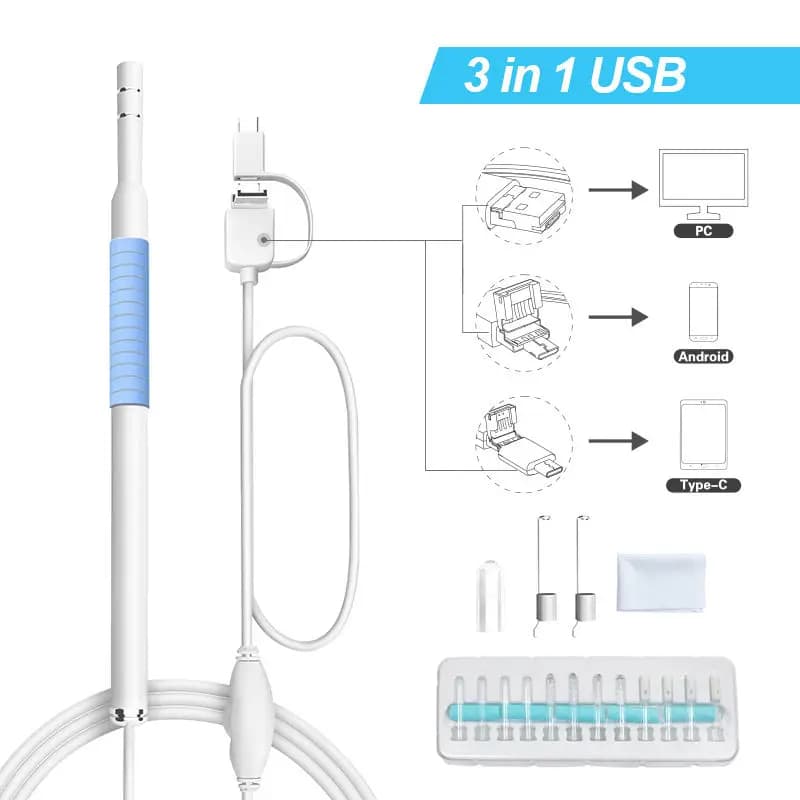 3 in 1 Ear Scope Cleaner endoscopio Video Otoscopio veterinario Visual 5.5mm Otoscopio Medico USB Android Phone Baby Earpick Camera