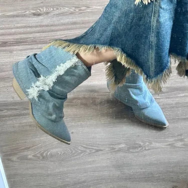 Stivaletti in Denim pieghettato donna 2023 autunno punta a punta stivali Cowgirl con tacco spesso donna Jeans blu scarpe Botas Plus Size 42