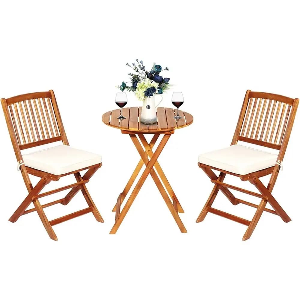 Set da bistrot pieghevole in legno di acacia a 3 pezzi, piccolo arredamento da esterno per balcone, tavolino rotondo e 2 sedie con cuscini, Te