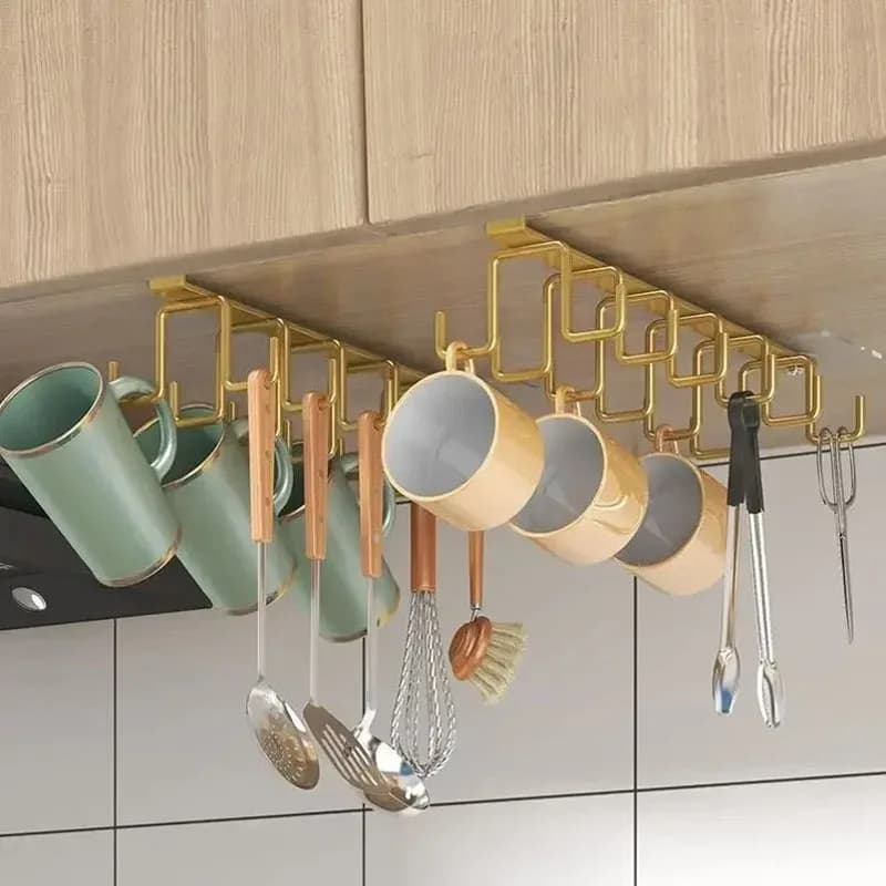 Punch-free Double-row Hooks Kitchen Cupboard Under Shelf Mug Cup Hanger Hook Iron Hanging Rack Holder Kitchen Cabinet Organizer
