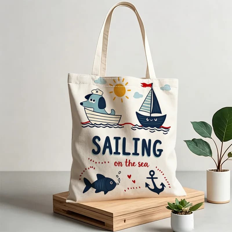 Tote Bag Sailing Theme Print Nautical Design with Boat and Anchor Patterns Casual Handbag Lightweight Reusable Shopping Bags