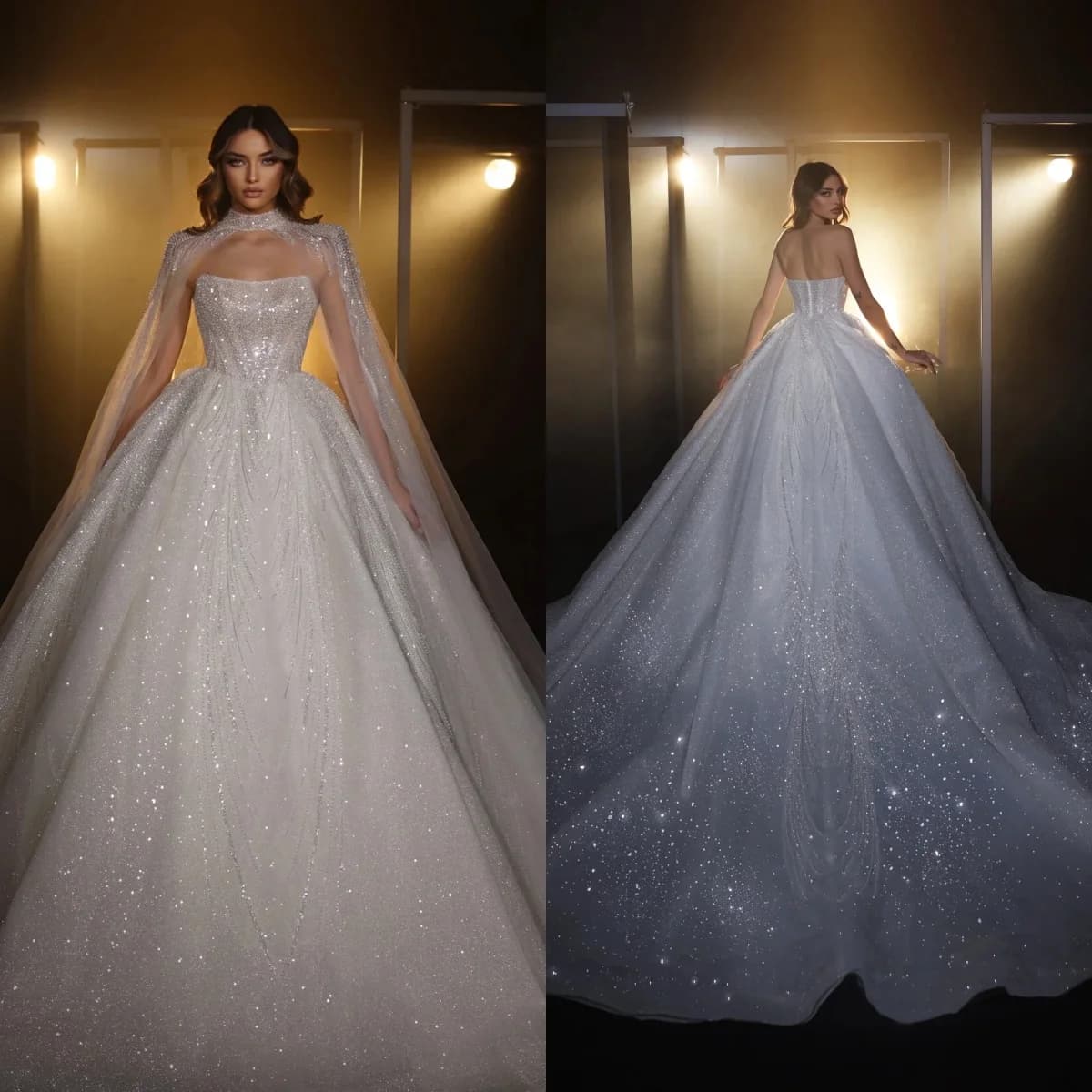 2025 Abito da sposa senza spalline lucido personalizzato Abito da sposa a trapezio con glitter di lusso Abito da pavimento con strascico