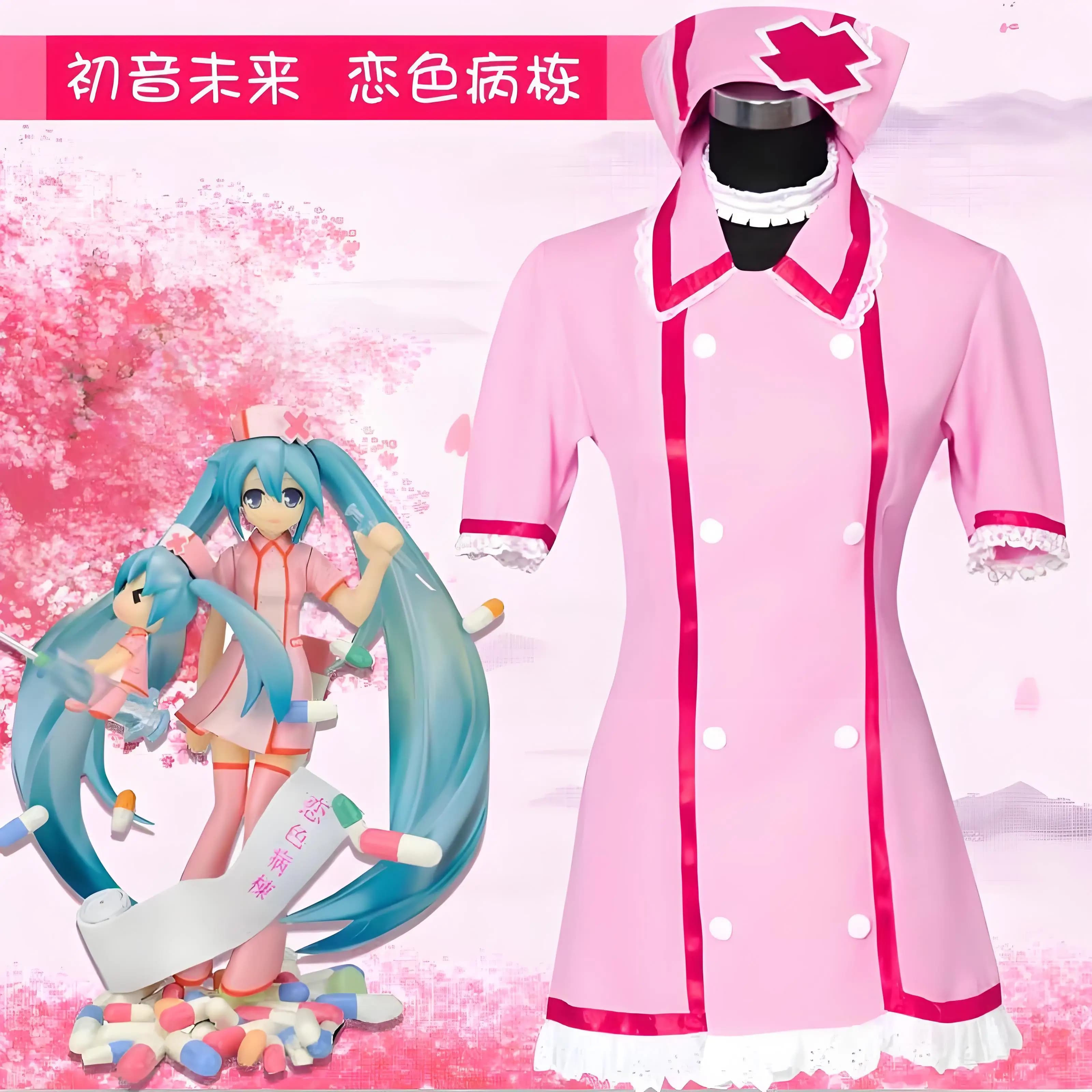 Anime Vocaloid Miku Cosplay Abito da infermiera rosa Uniforme da donna con cappello Calzini Costumi da festa di Halloween