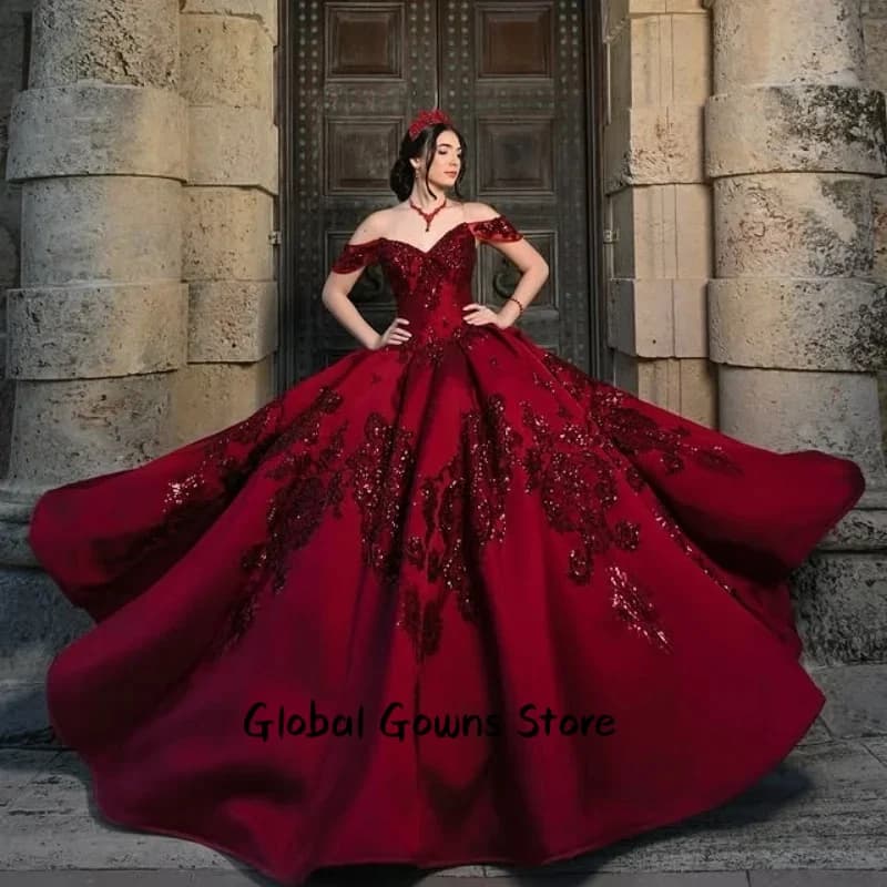 Abito Quinceanera rosso personalizzato con spalle scoperte, applique con paillettes, pizzo di cristallo, abiti da 15 Quinceanera